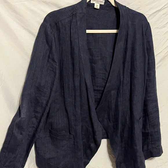 L 14/16 100% Linen Waterfall Open Front Deep Blue Coldwater Creek Top - Picture 6 of 11